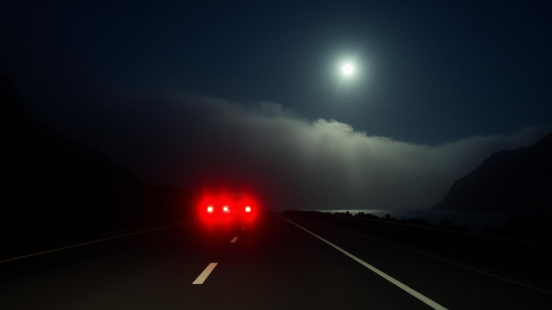 Empty coastal highway at night with single pair of taillights fading into fog