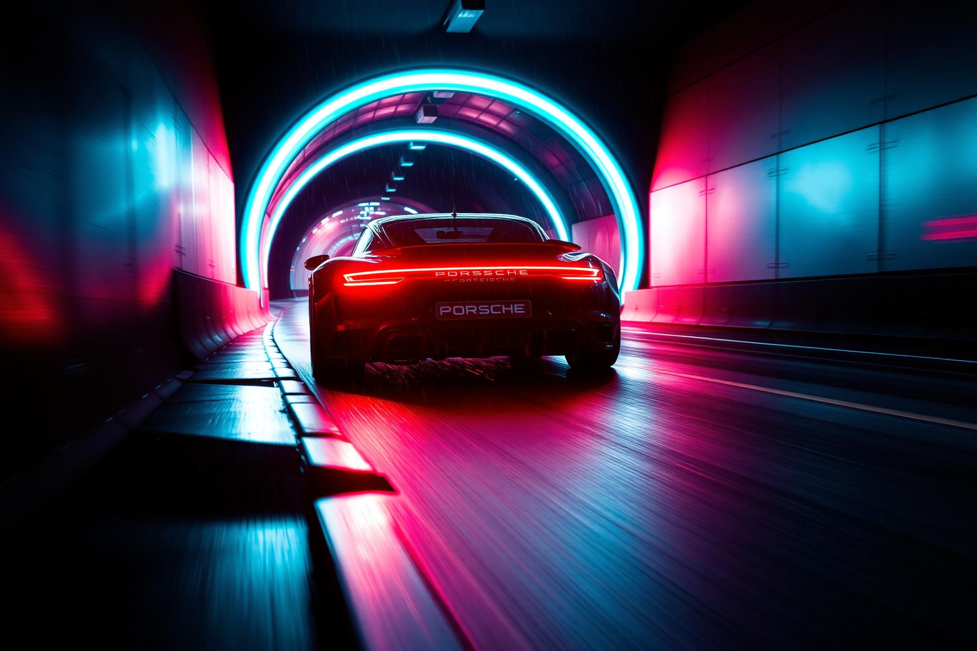 Coupe emerging from a neon-lit tunnel in the rain