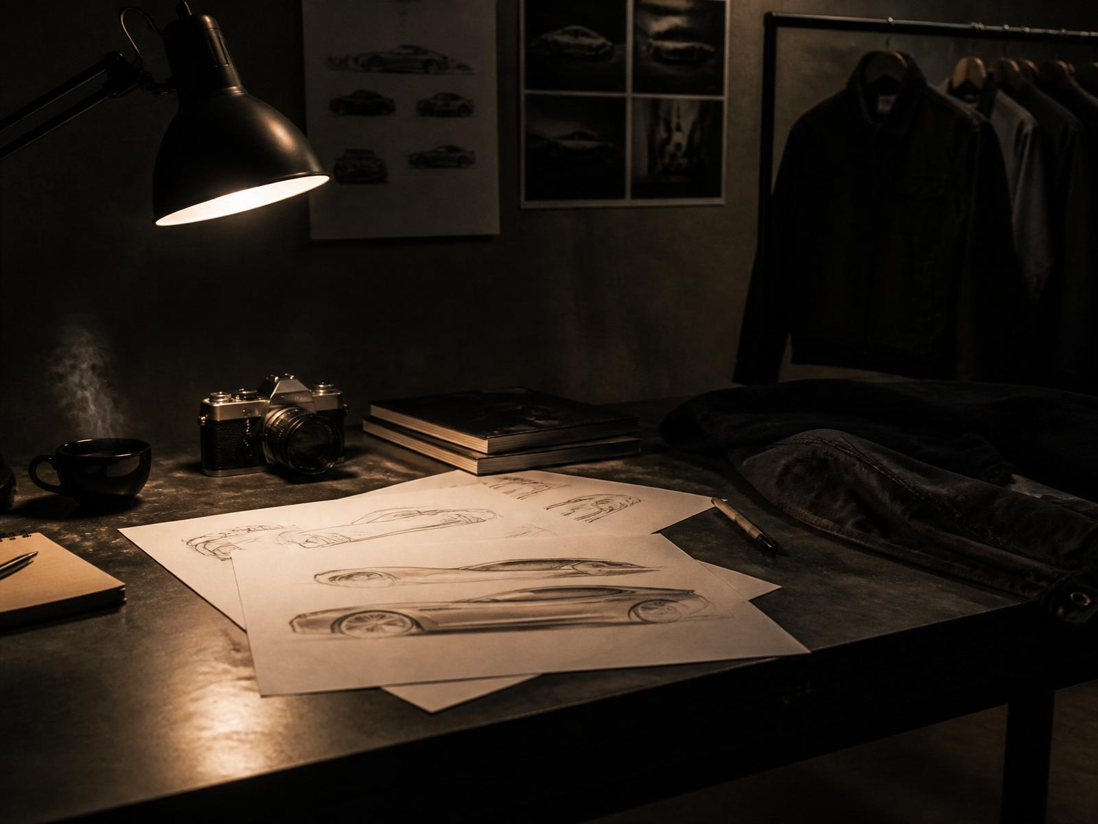 Studio desk at night — lamp, espresso, film camera and hand-drawn car sketches